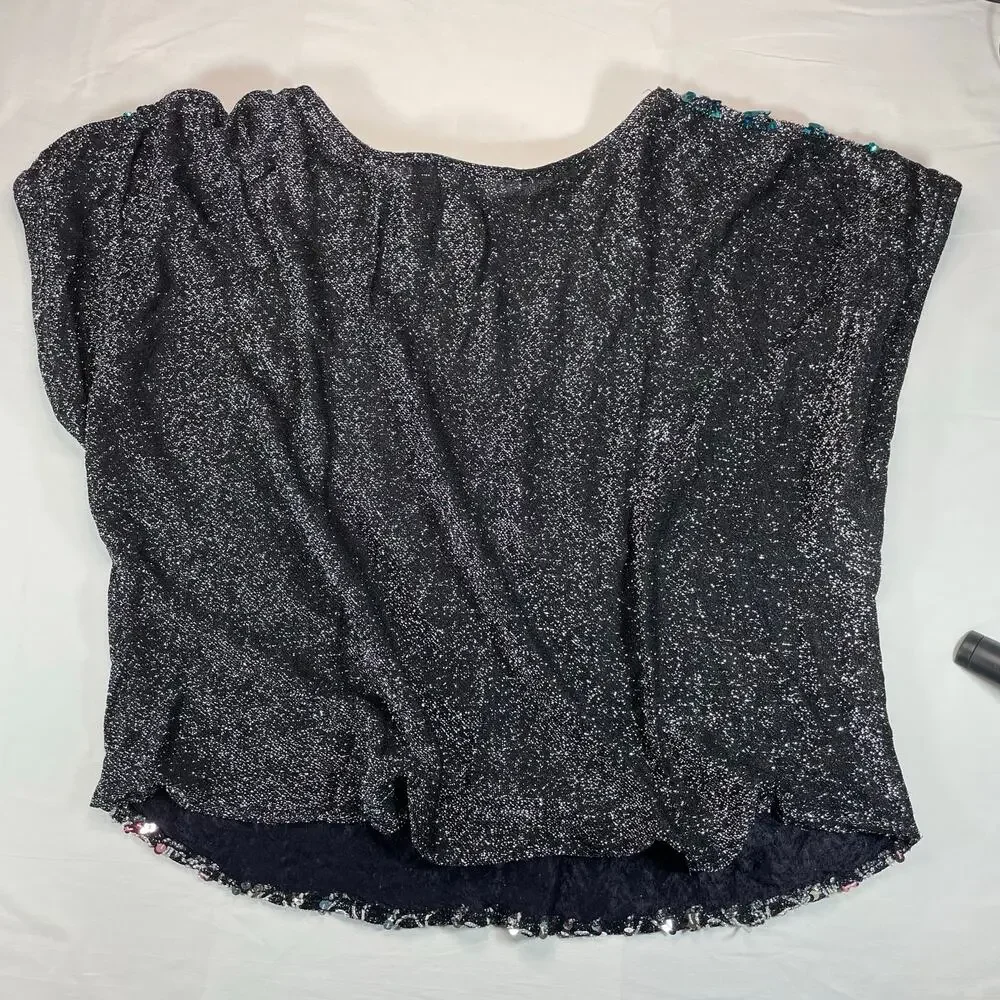 Joanna Vtg Women's Sequin Wave Cap Sleeve Top Black Multi Color M Disco Glam - Picture 4 of 5